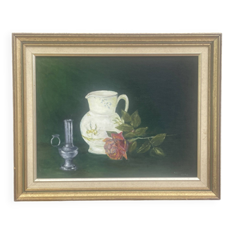 Painting Oil canvas mounted on panel, Still life, signed Nadine Chatre