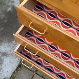 Vintage chest of drawers with tapered legs, solid raw oak, 1960.