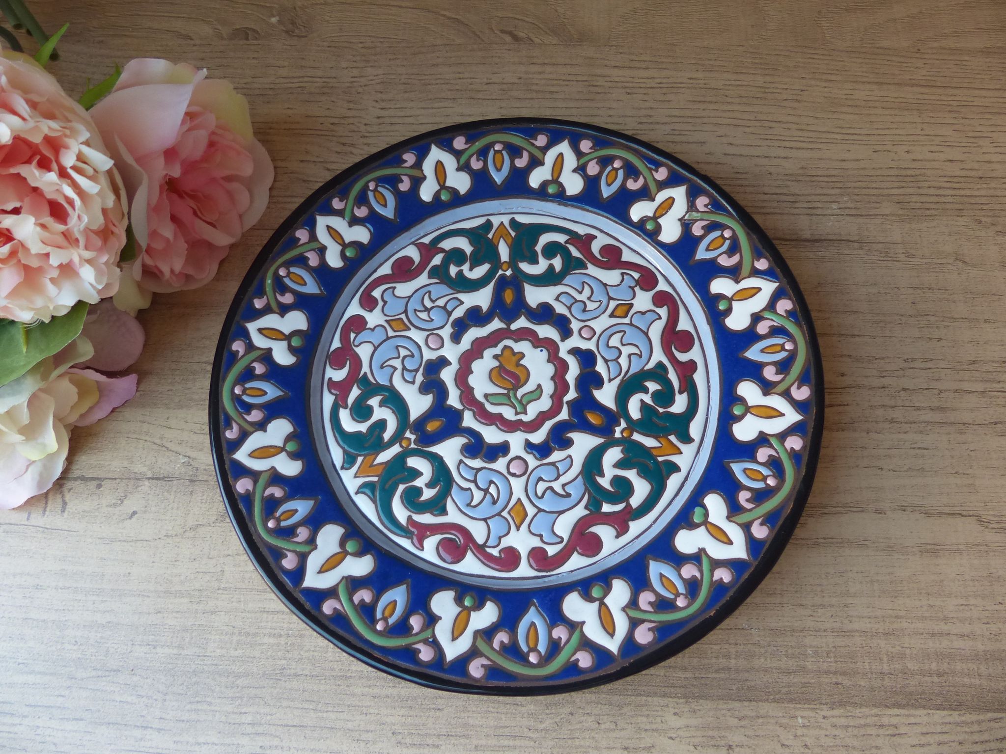 Antique faience plate with blue decoration stamped A. Alvarez, serving dish, appetizer plate.