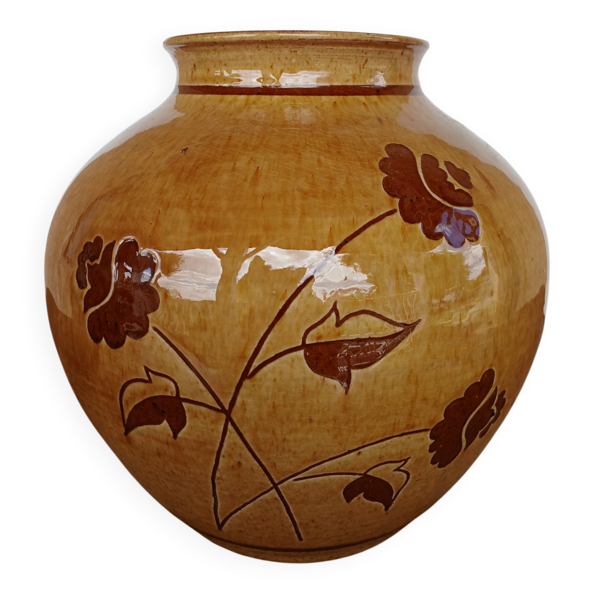 Vintage glazed vase with floral decoration signed Nigon.