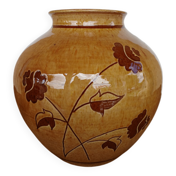 Vintage glazed vase with floral decoration signed Nigon.