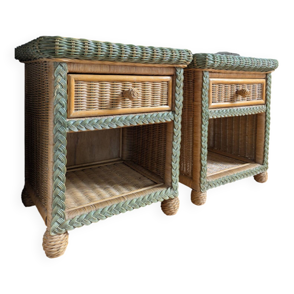 Paire de  tables de chevet vintage en rotin tressé et osier 70/80