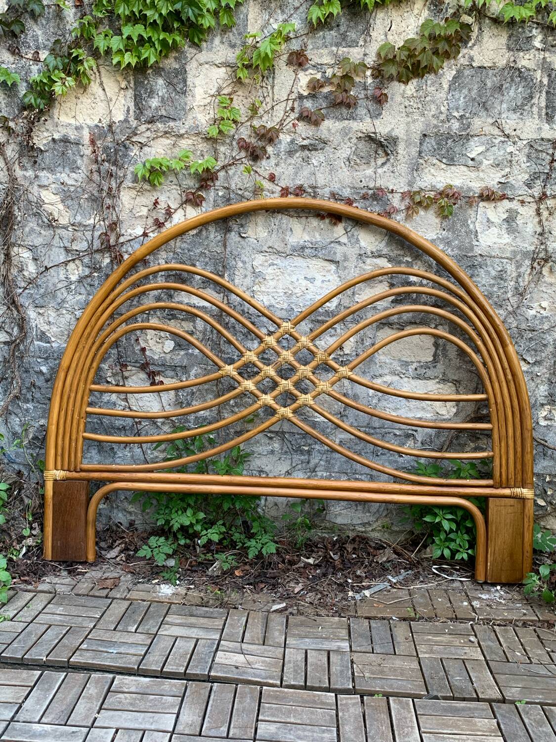 Rattan and leather headboard 140cm vintage 1970