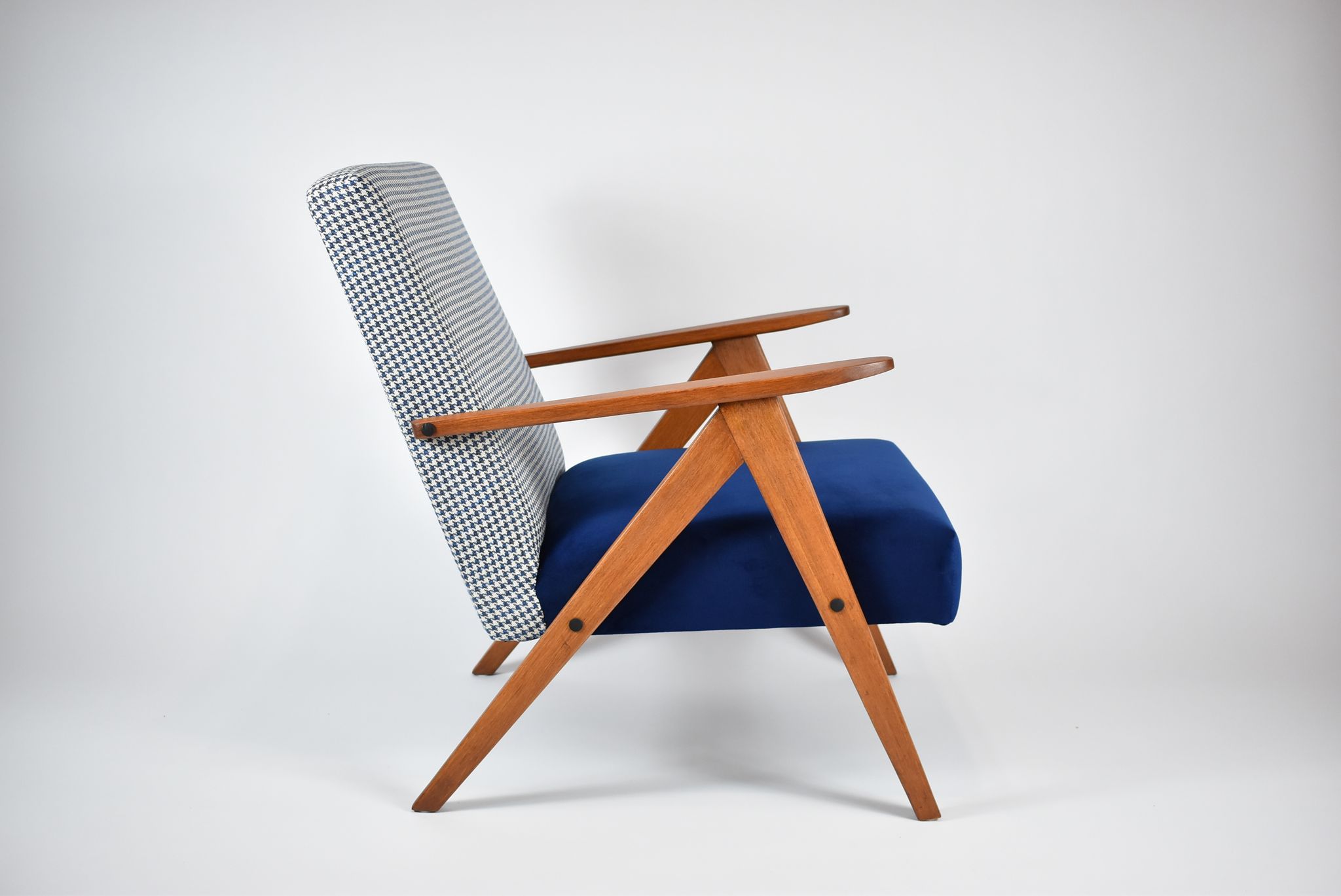 Vintage velvet armchair 1960s, fully restored, poule fabric, refubrished