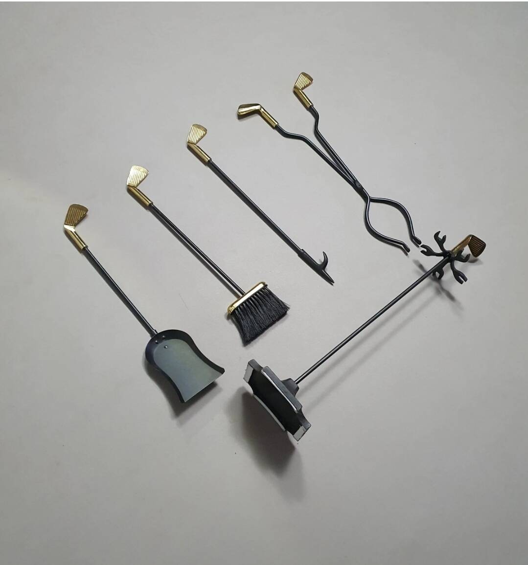 Vintage Set of five Brass Fireplace Tools in Golf Themed Clubs, France circa 1950's