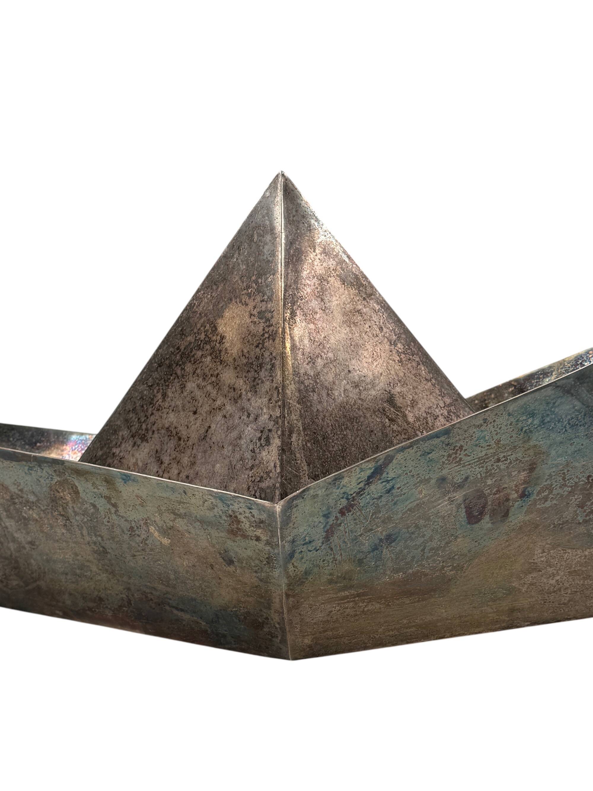Modern silver-plated paper boat sculpture, Paola C. Aldo Cibic Italy 1980
