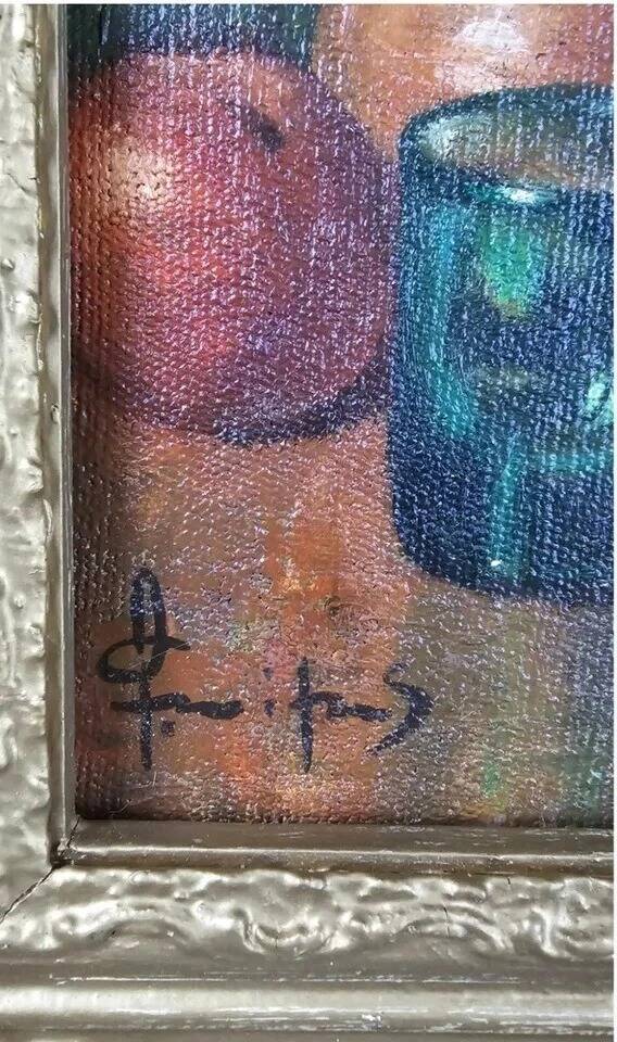 20th Century French Fruit and Pitcher Tabletop Still Life Oil Painting