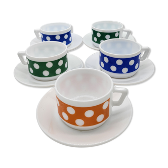 5 cups Arcopal Polka and their vintage white opaline saucer