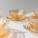 Vintage 1950s glass coffee cups, set of 5, iridescent peach ribbed glass with saucers, Italian design Gondolo.