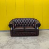 Original English Chesterfield 2-Seater Sofa - Vintage Oxblood Leather