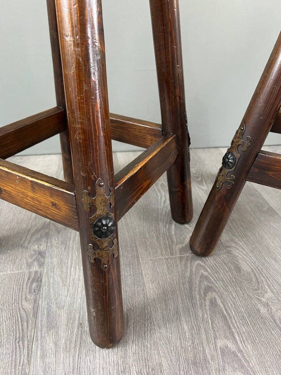 Rustic Carved Wooden Bar with Stools and Wine Chest, 20th Century