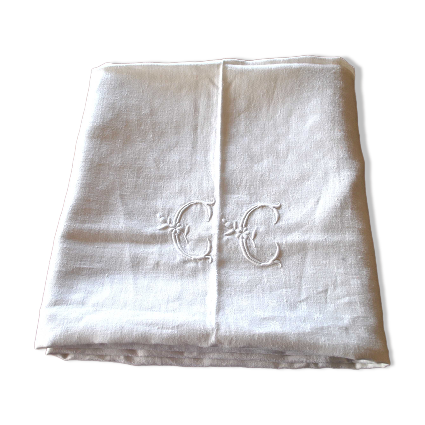 Vintage tablecloth in damask cotton white embroidered monogram CC 160x130 *D9*