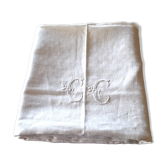 Nappe vintage en coton damassé blanc brodé monogramme CC 160x130 *D9*