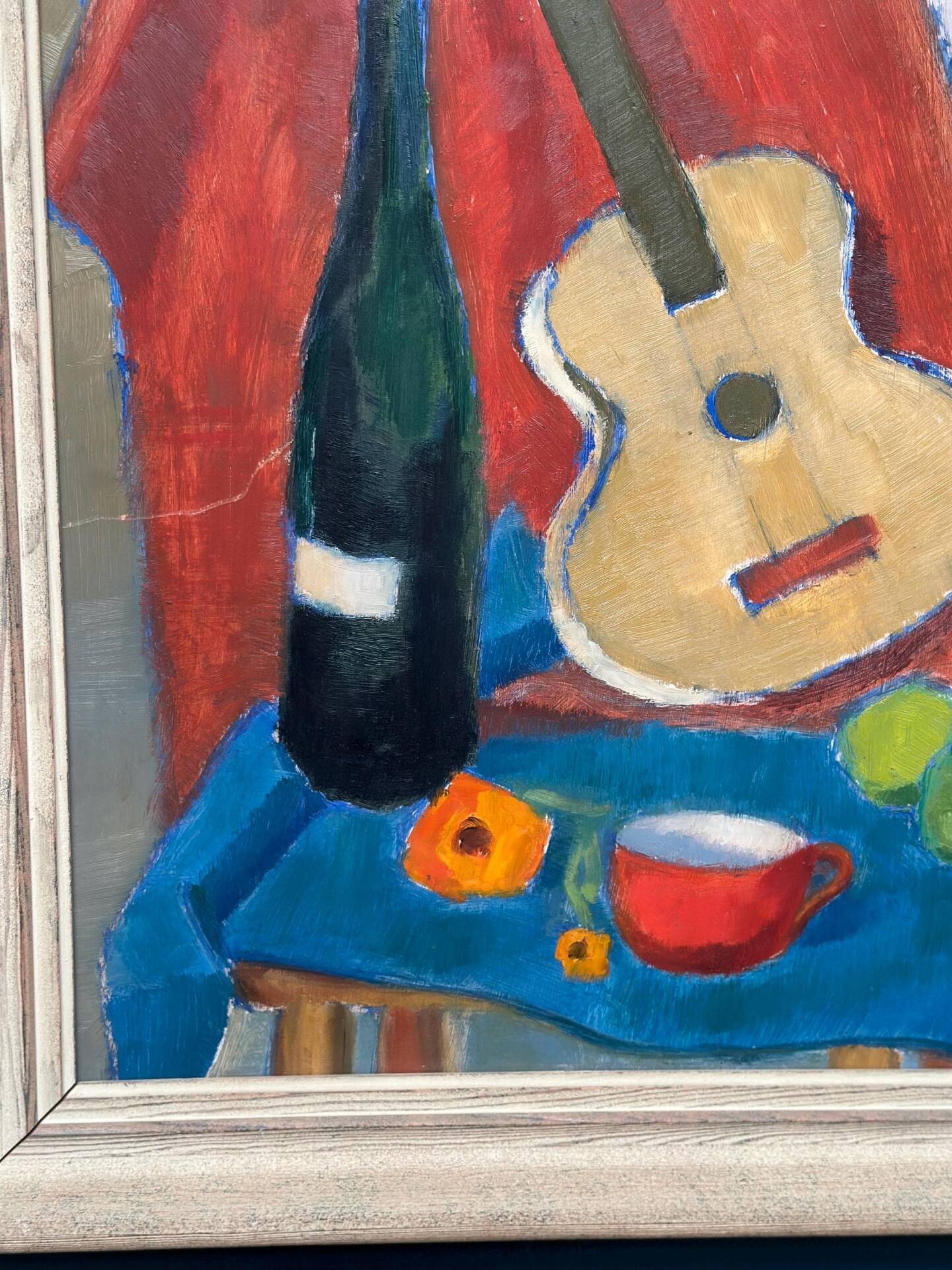 Swedish Oil on Canvas – “Still Life with Guitar and Wine Bottle”