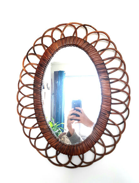 Oval rattan mirror 50 cm circa 1960