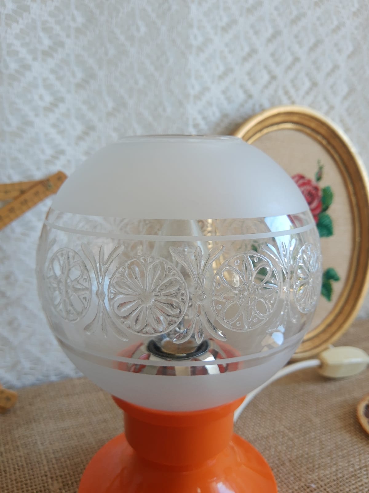 Retro orange table lamp and 70s glass globe