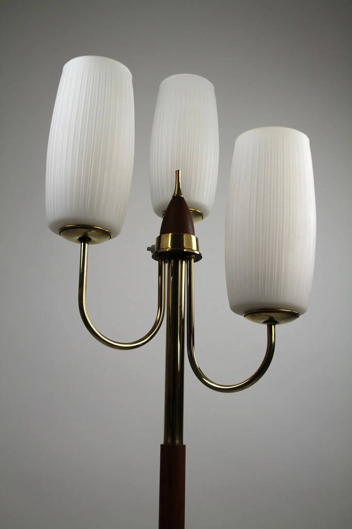 Brass & Teak Three-Light Candelabra Floor Lamp — Scandinavia, 1940s/1950s