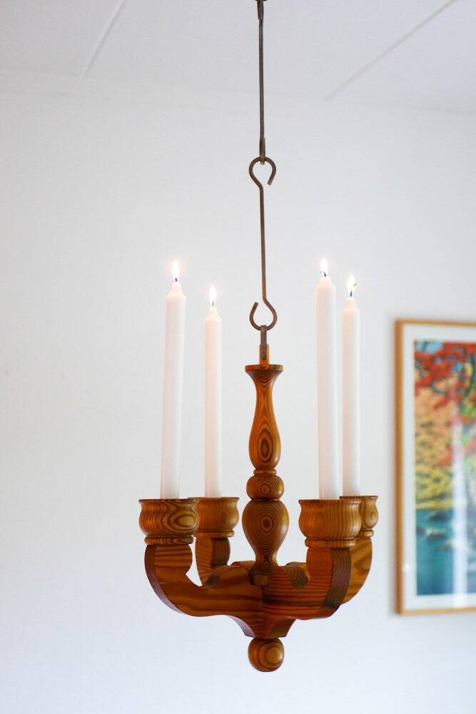 Rustic wooden pendant chandelier candleholder from Smålandsslöjd, Sweden, 1975