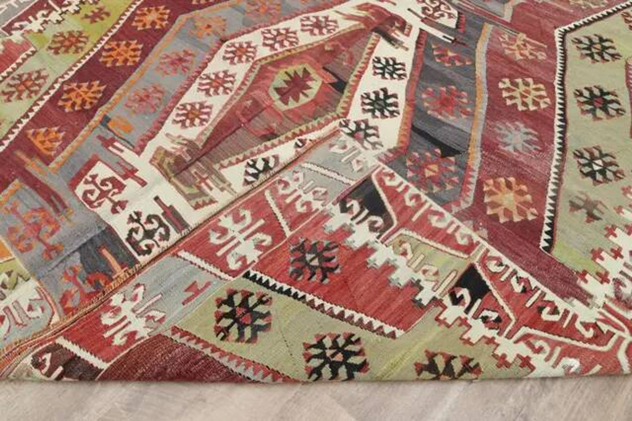 1970s Vintage Turkish Handmade Wool Cotton Colorful Kilim Rug 157x365