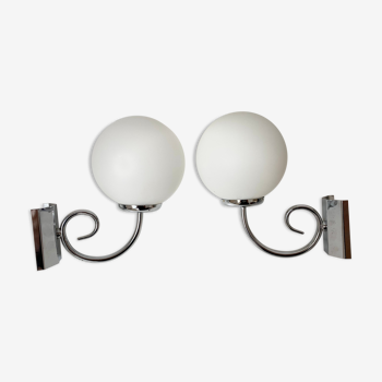 Pair of chrome and opaline metal wall lamps