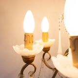 Large golden Italian chandelier with white opaline drops.