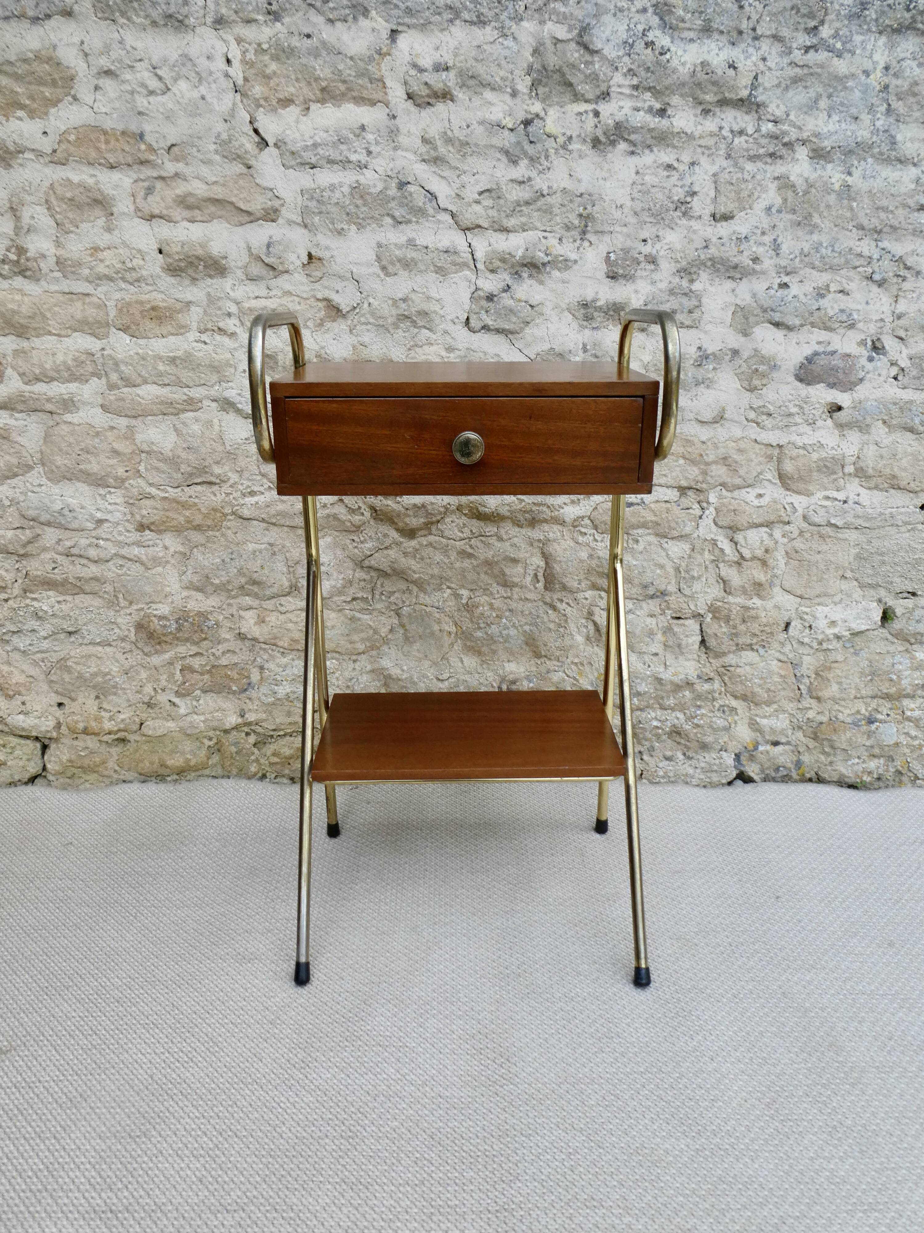 Bedside table in wood and metal, vintage, 50s-60s