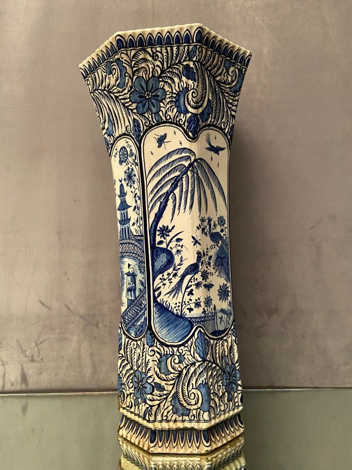 Umbrella holder vase earthenware Desvres nineteenth decoration Far East Pagoda 62.5 cm