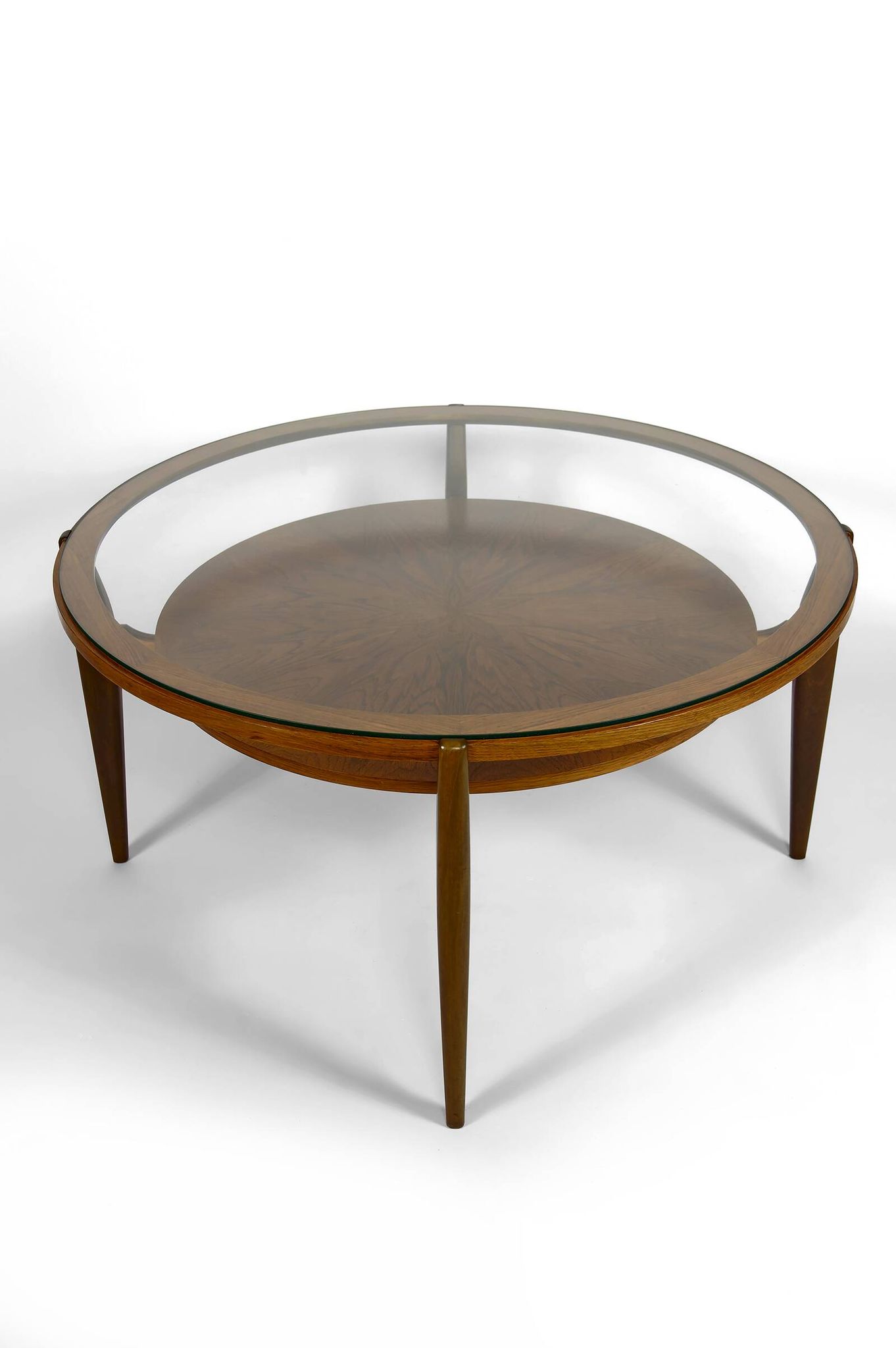 Important modern Scandinavian style coffee table, walnut / glass – c. 1960