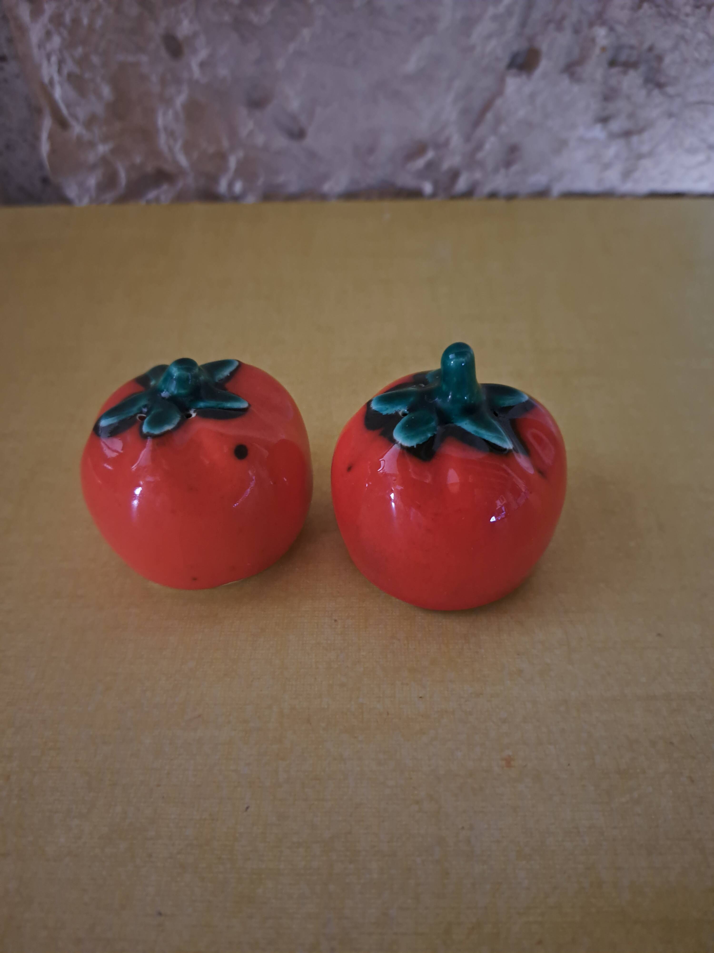 Vintage slip tomato salt and pepper shakers