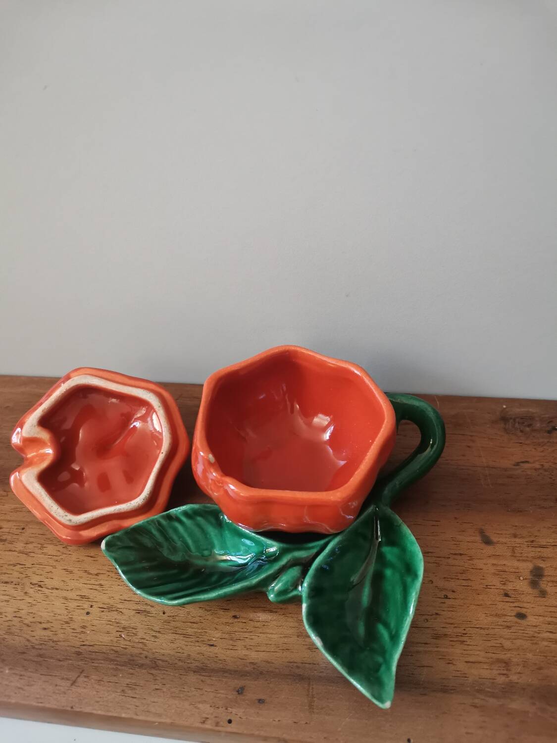Vintage mustard box pot ceramic slip orange pumpkin shape