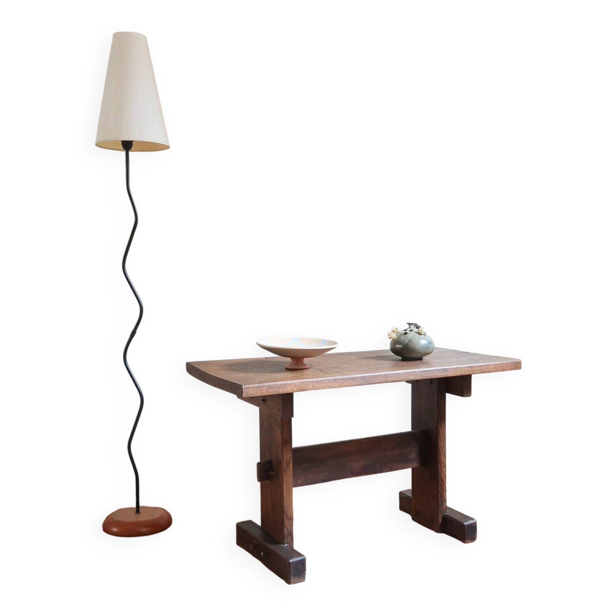 Solid oak coffee table, key stretcher, 1950s.