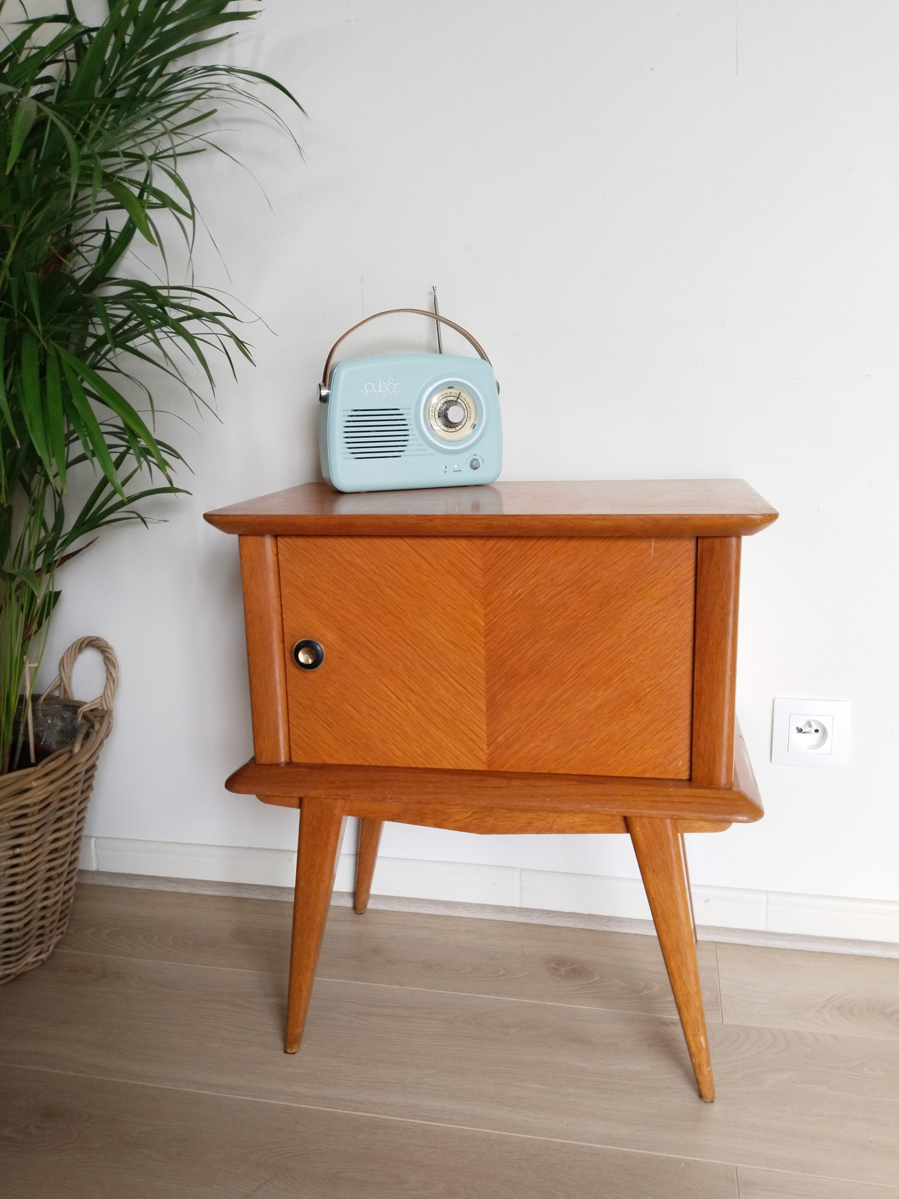 Vintage bedside table, varnish, compass legs, vintage 50s