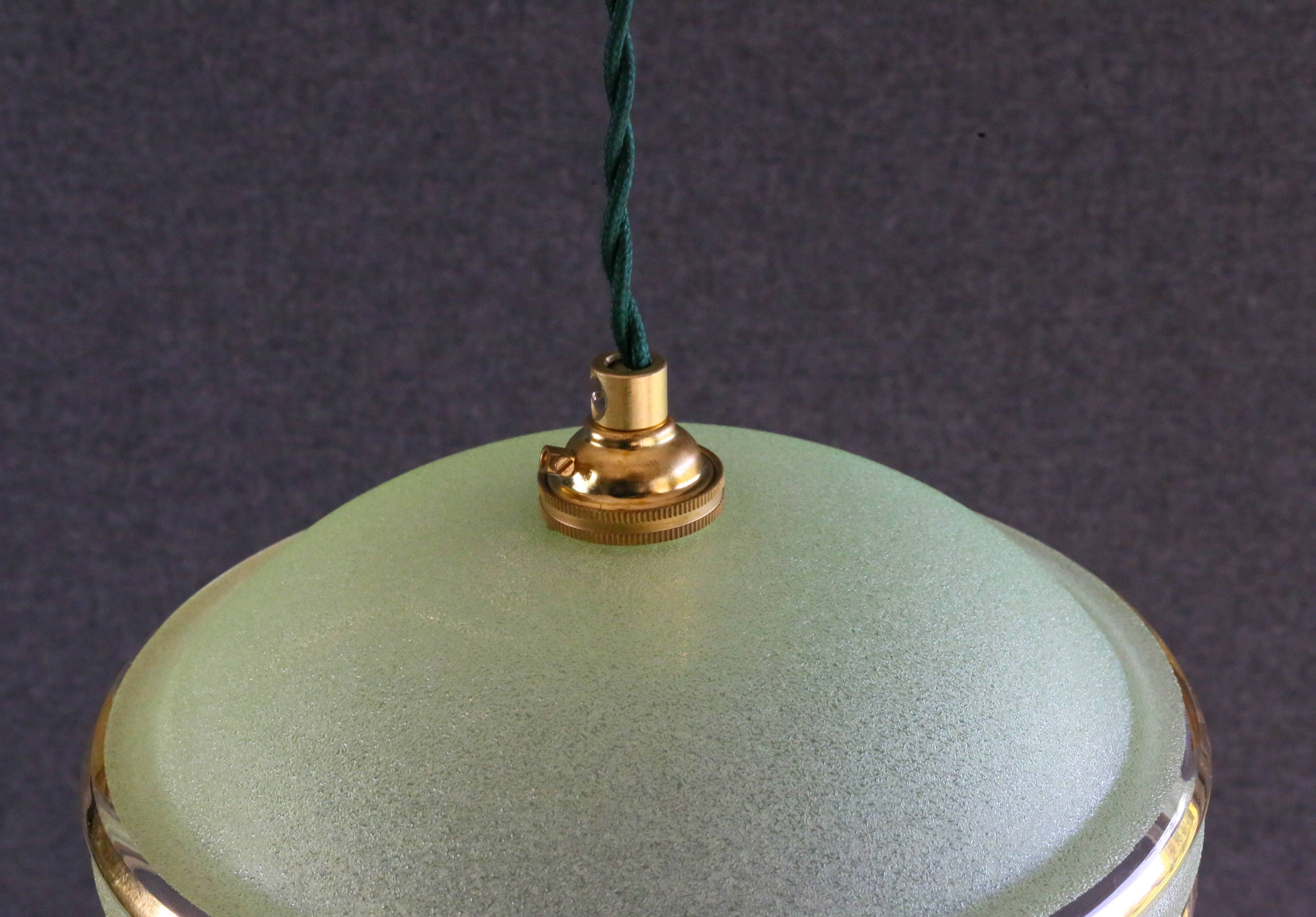 Antique 1940s pendant light in green granite glass with gold threads, new socket and cable