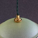 Suspension ancienne années 40 en verre granité vert avec filets dorés, douille et cable neufs