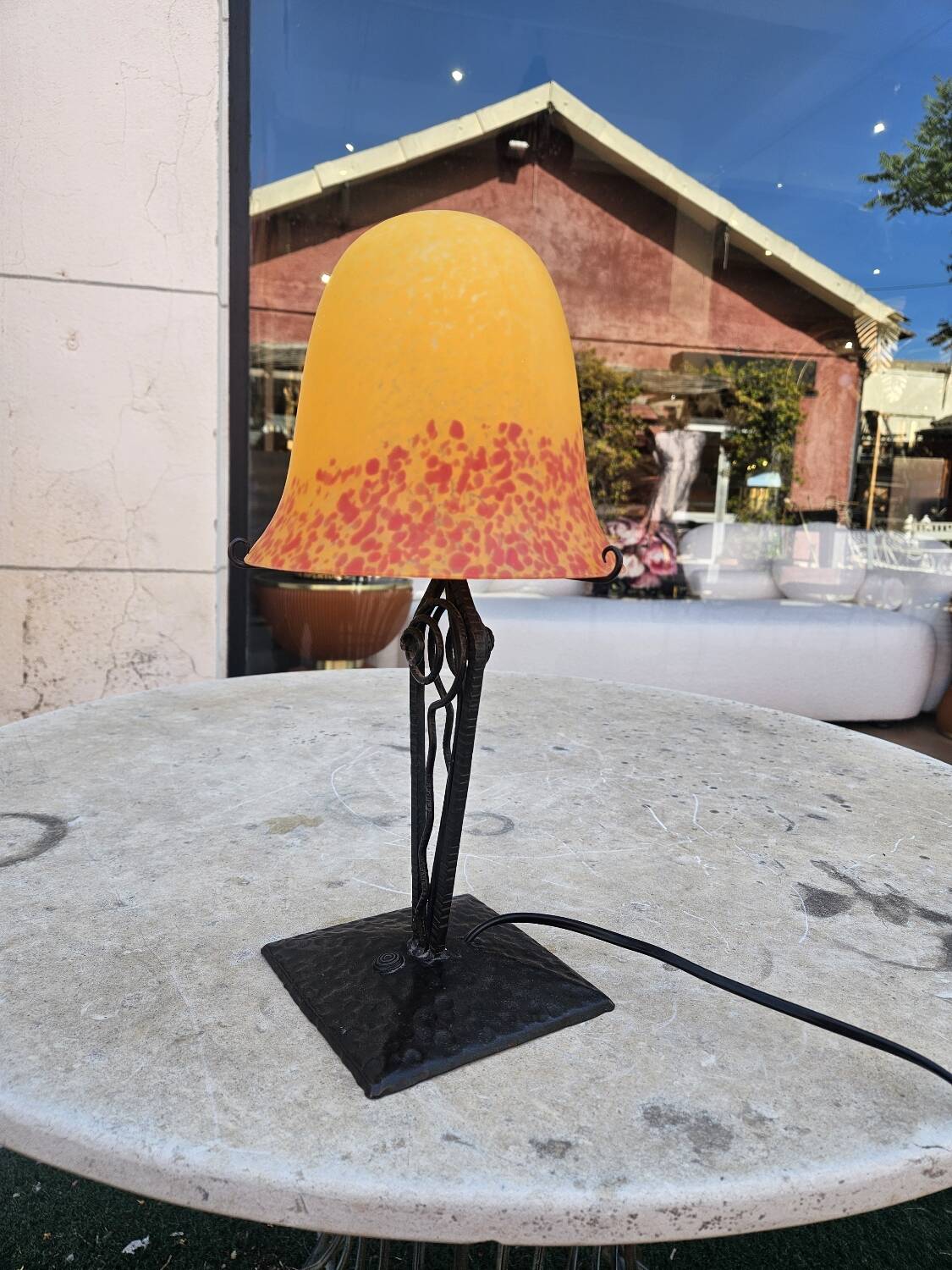 Antique art deco metal and glass lamp