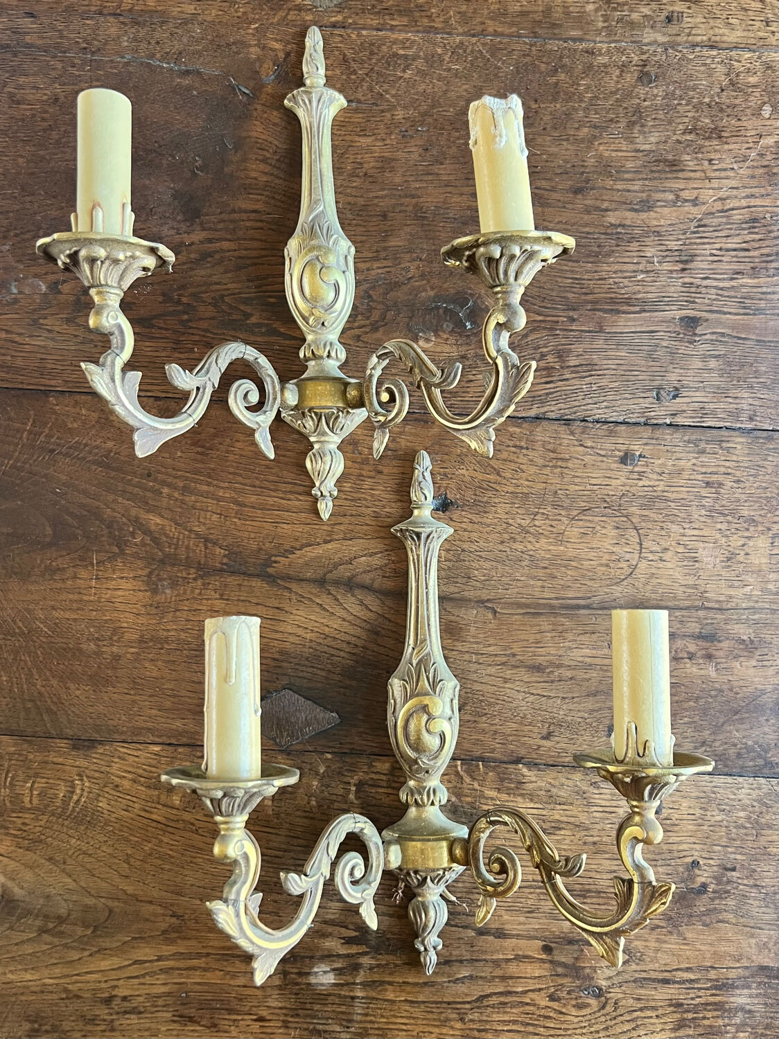 Pair of antique bronze double fire sconces - art nouveau