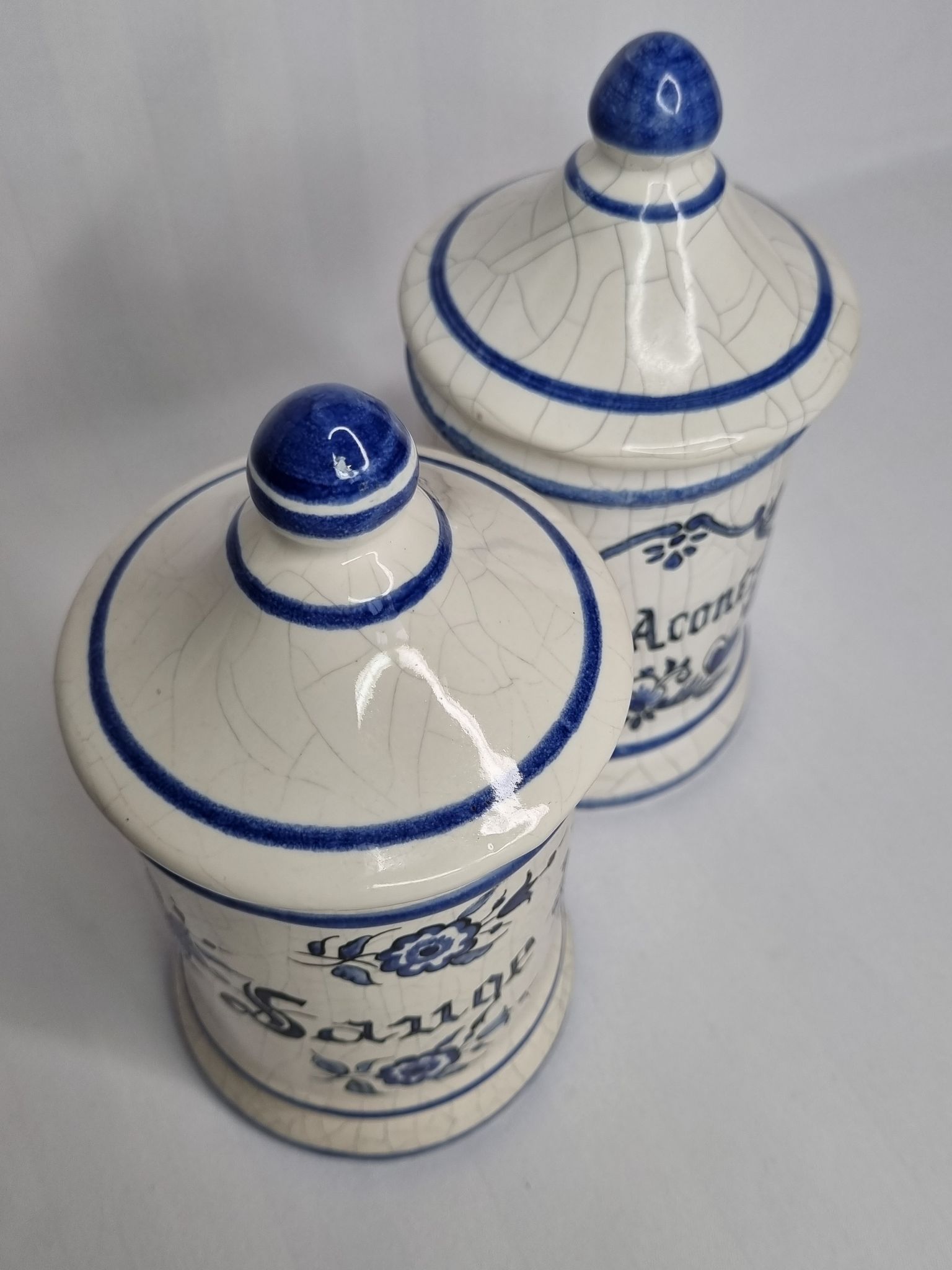 Pair of antique apothecary pots in glazed ceramic, Tuilerie Normande de Bavent