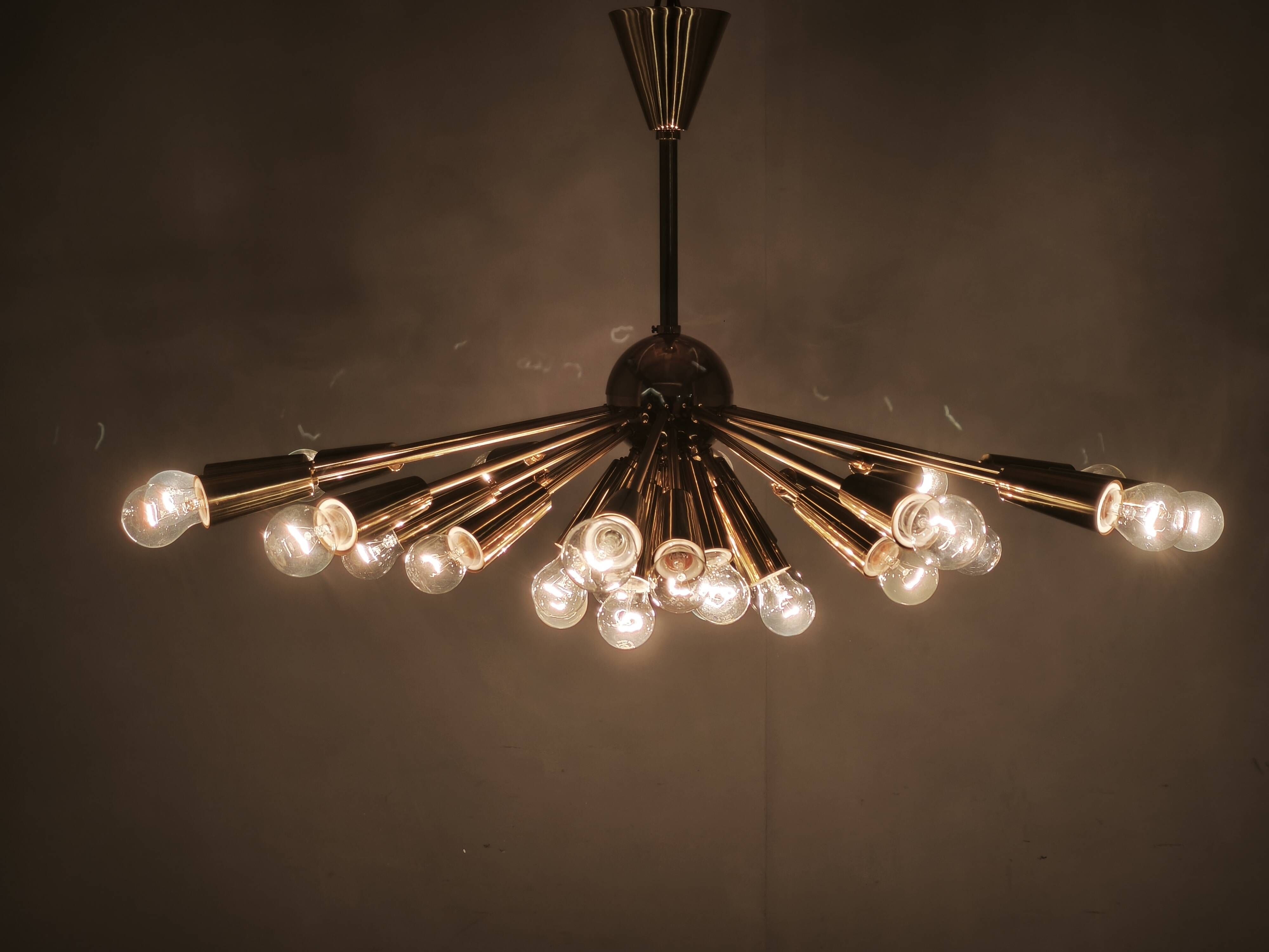 Kamenický Šenov 28-Light Brass Sputnik Chandelier, Czechoslovakia, 1970s