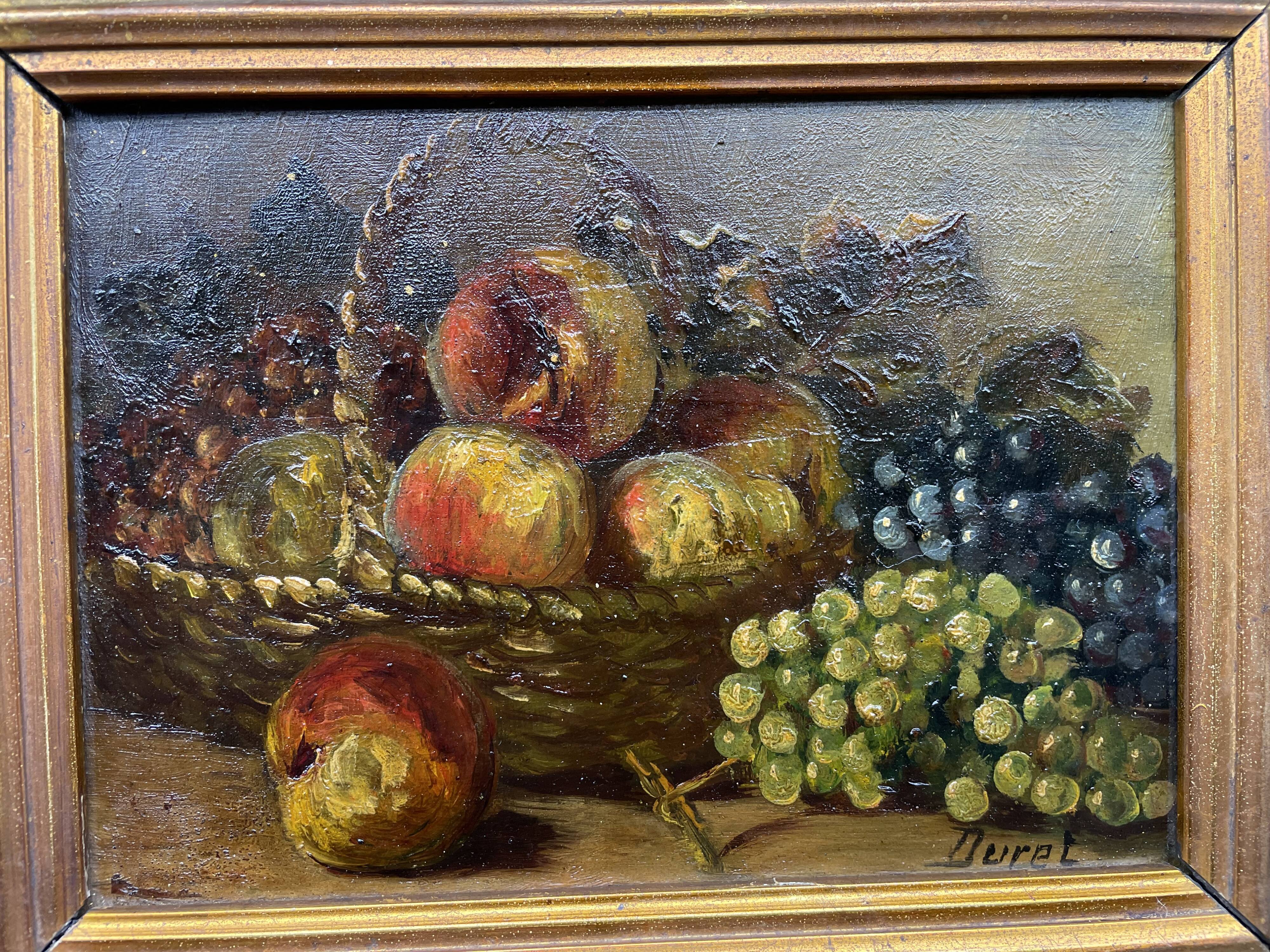 Peinture à l'huile nature morte aux fruits pêches et raisons, panier tressé, signé DURET