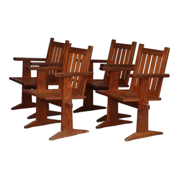 Set of four pine Scandinavian armchairs 1930
