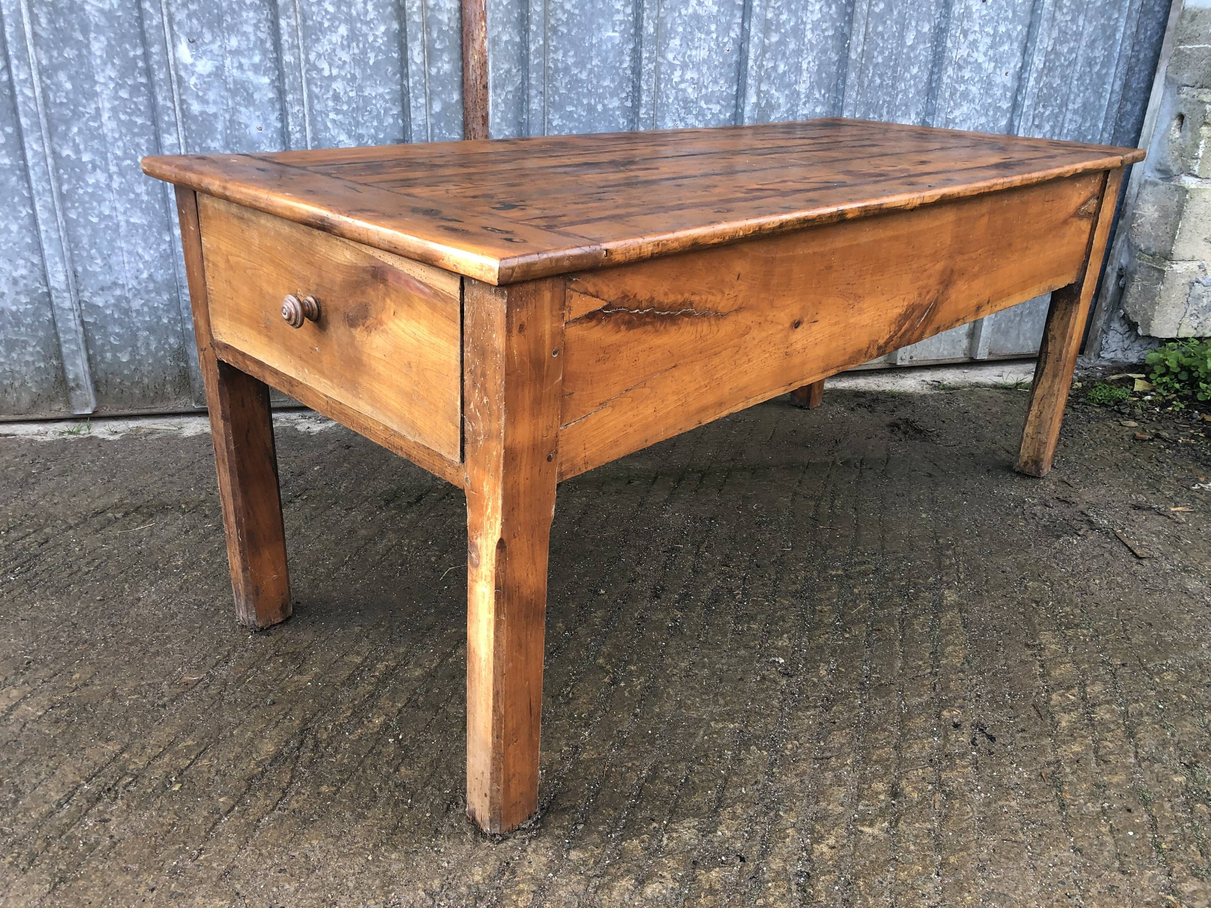 Antique Rustic Solid Cherry Farmhouse Table with 3 Drawers and 1 Pull Out