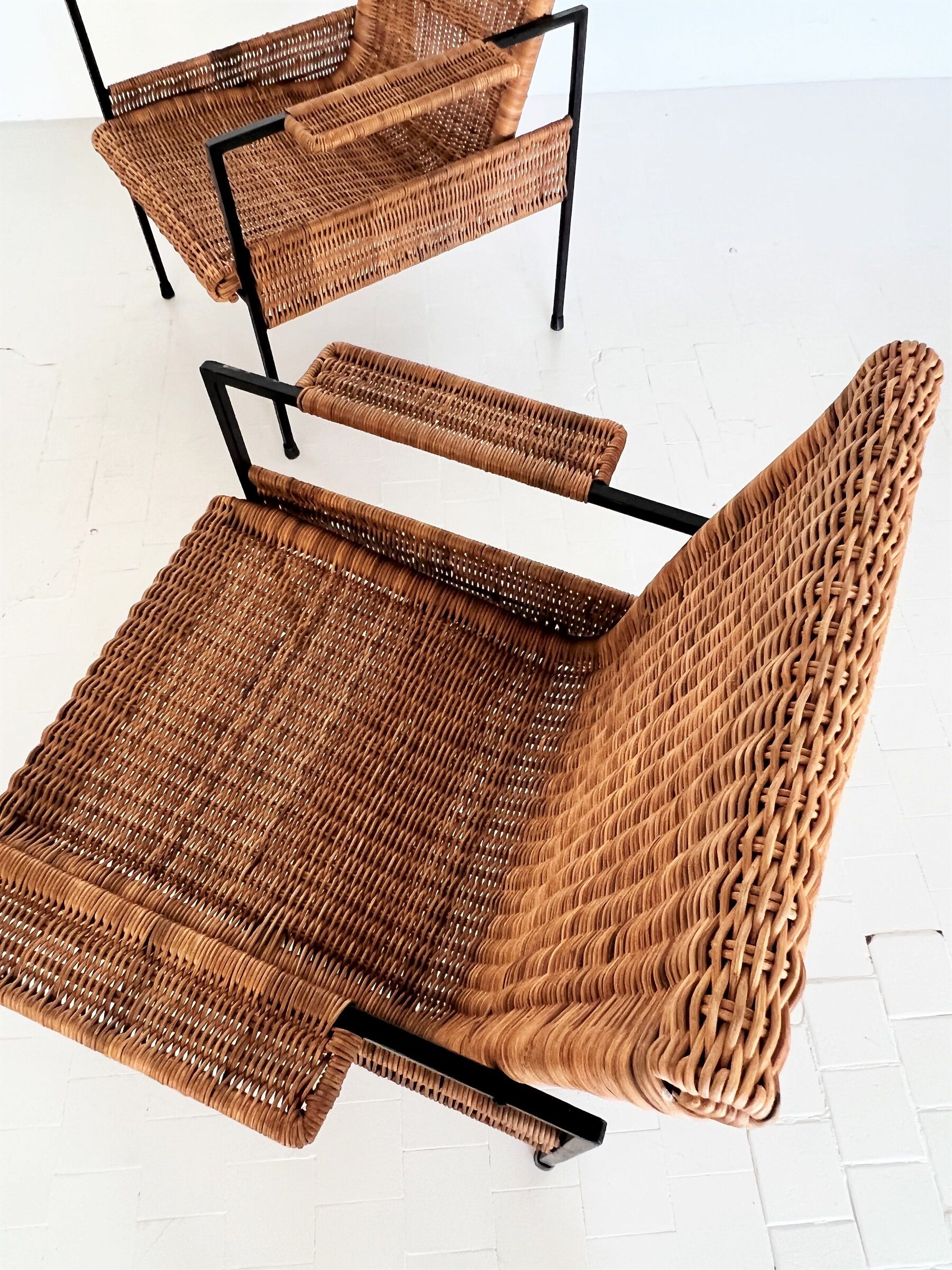 Rattan wicker and iron lounge chairs, set of 4