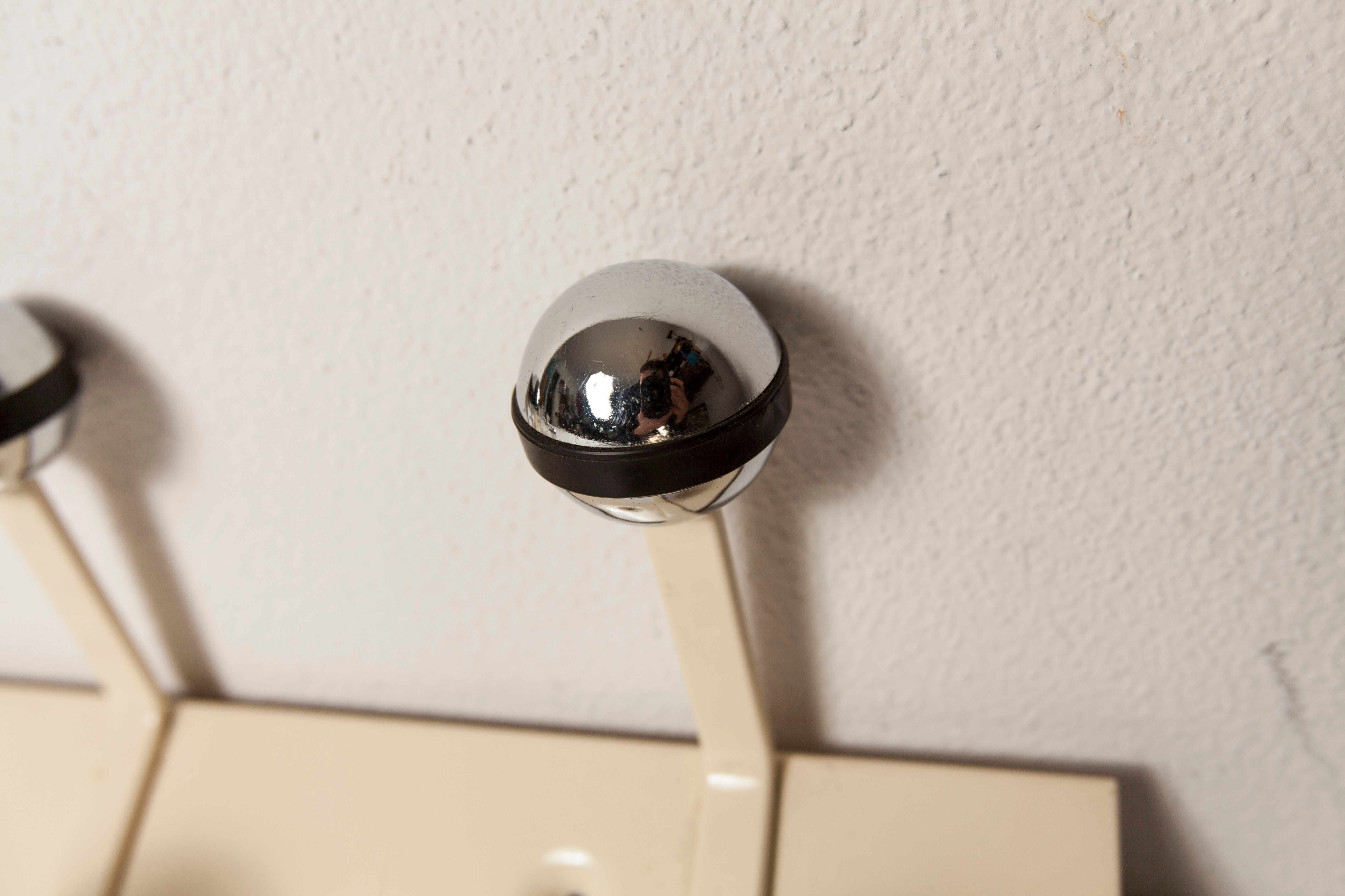 Wall coat rack 12 hooks balls 1970 beige and chrome