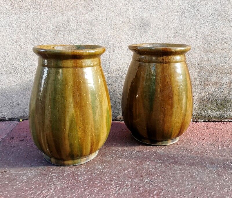 Pair of Provençal enamelled terracotta jars
