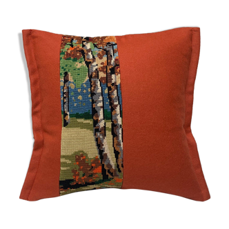 Coussin upcyclé « l’automne en forêt » rouille - 40x40cm - laine & canevas