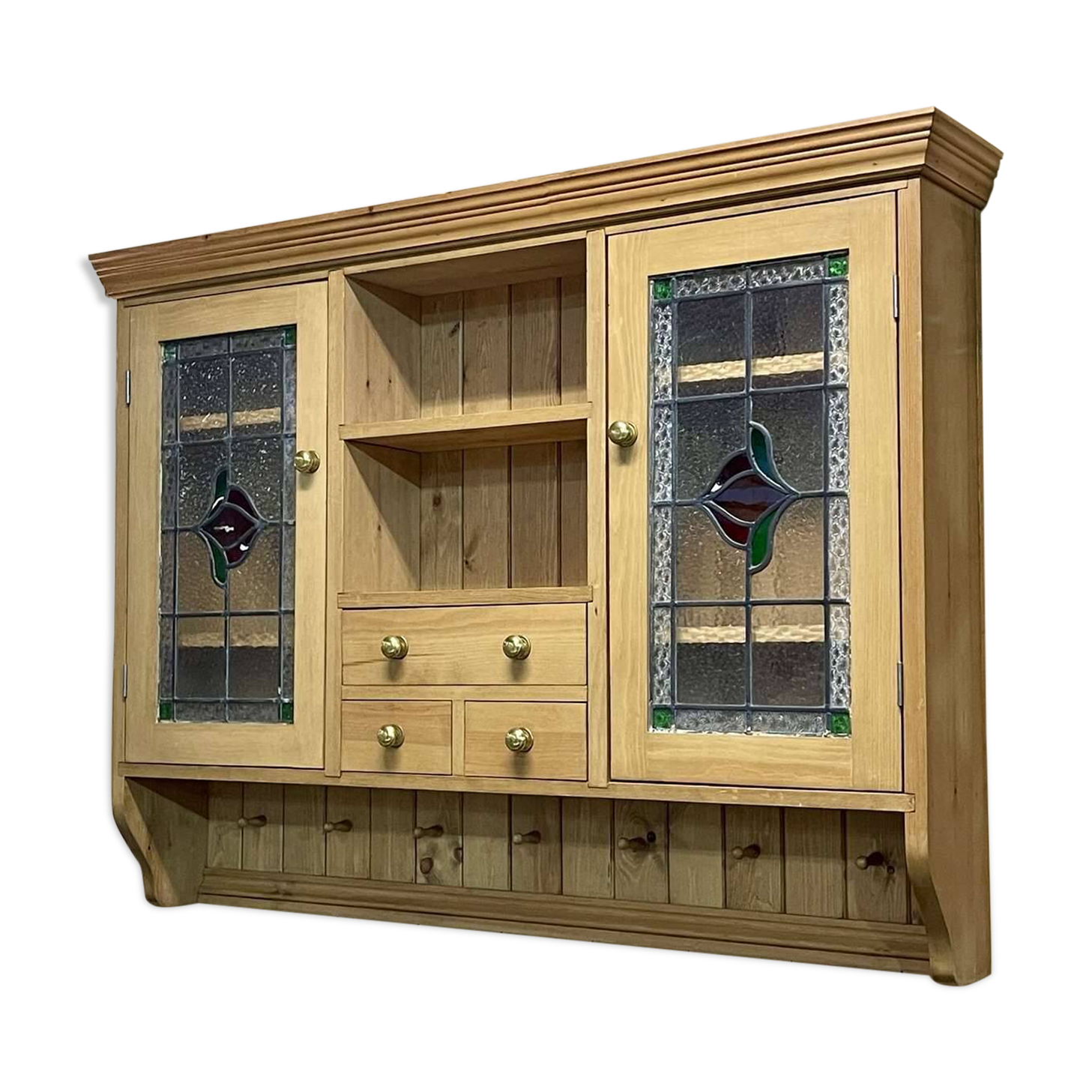 English wall cabinet in fir with old stained glass windows - 1980s