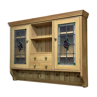 English wall cabinet in fir with old stained glass windows - 1980s