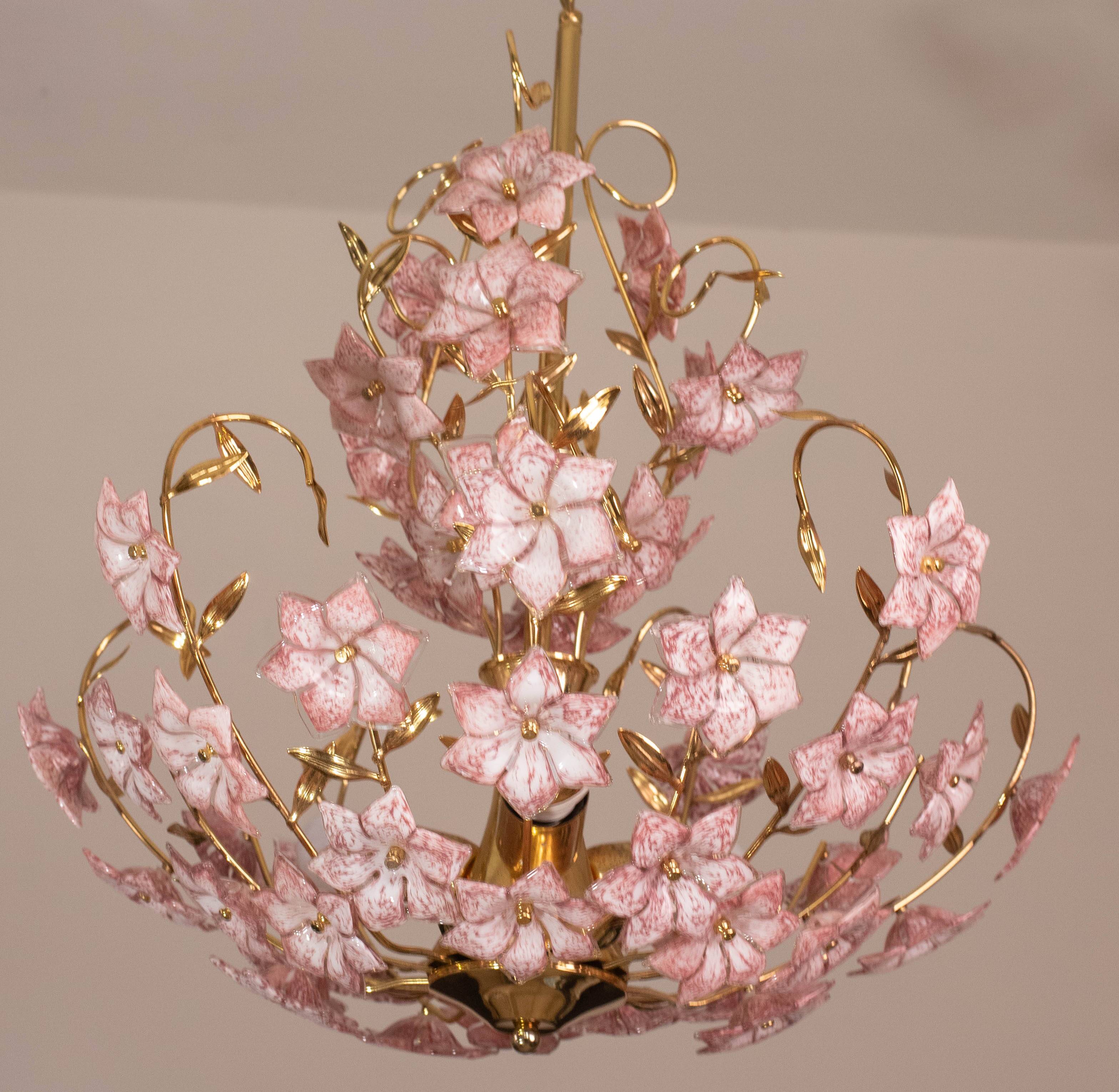Vintage Murano Glass Chandelier Pink Flowers, 1970
