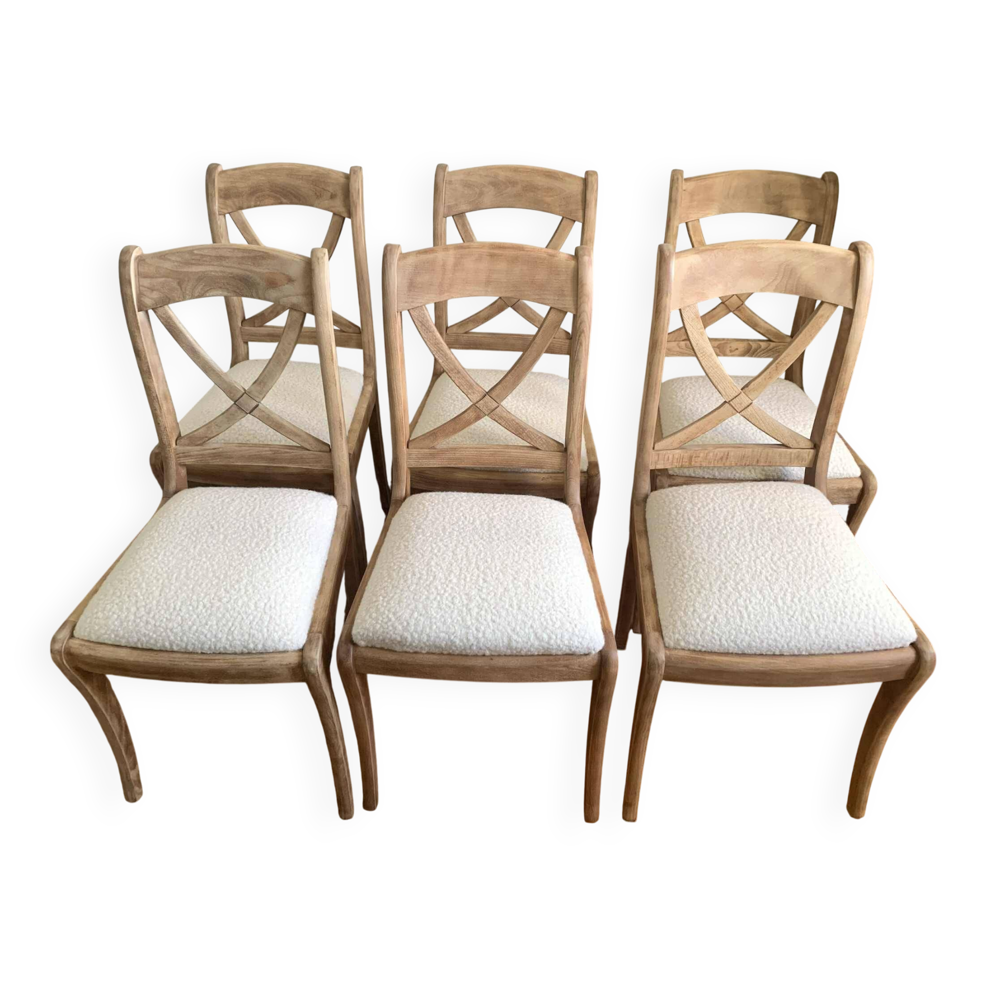 Lot de 6 chaises croisillon en bois massif, assises bouclette blanche
