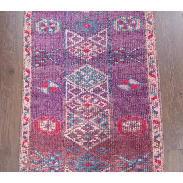 Vintage Turkish Oushak Handmade Cotton Purple Wool Runner Rug 80x348